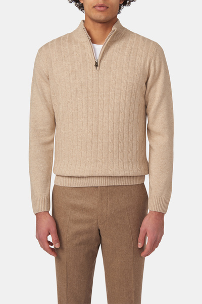Regular Fit Half Zip Cable Knit Sweater - Beige | Oscar Jacobson