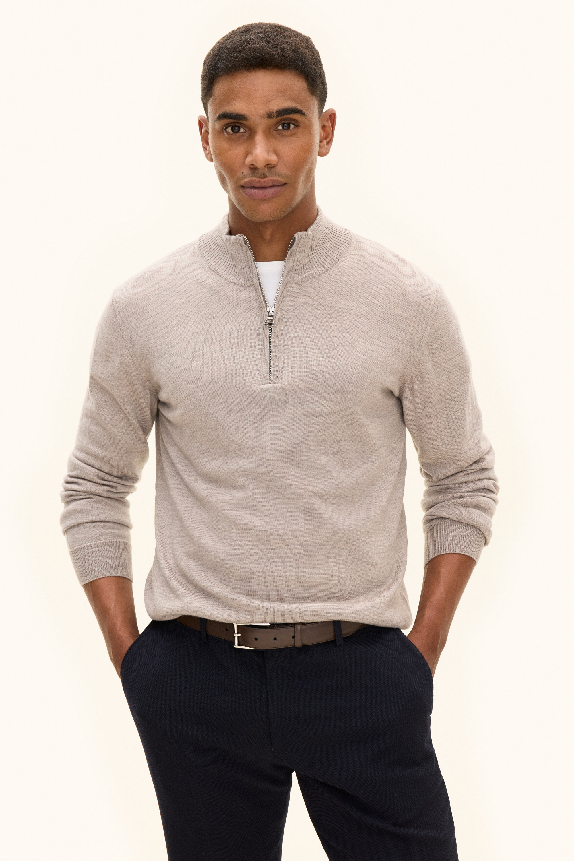 Regular Fit Half Zip Fine Merino Wool Sweater - Beige | Oscar Jacobson