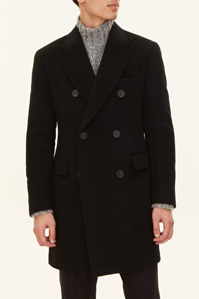 Regular Fit Double Breasted Brushed Wool Coat - Black