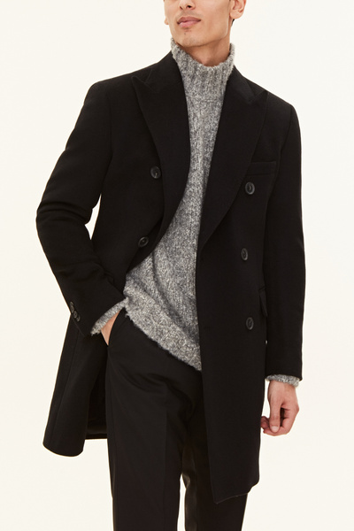 Regular Fit Double Breasted Brushed Wool Coat - Black | Oscar Jacobson