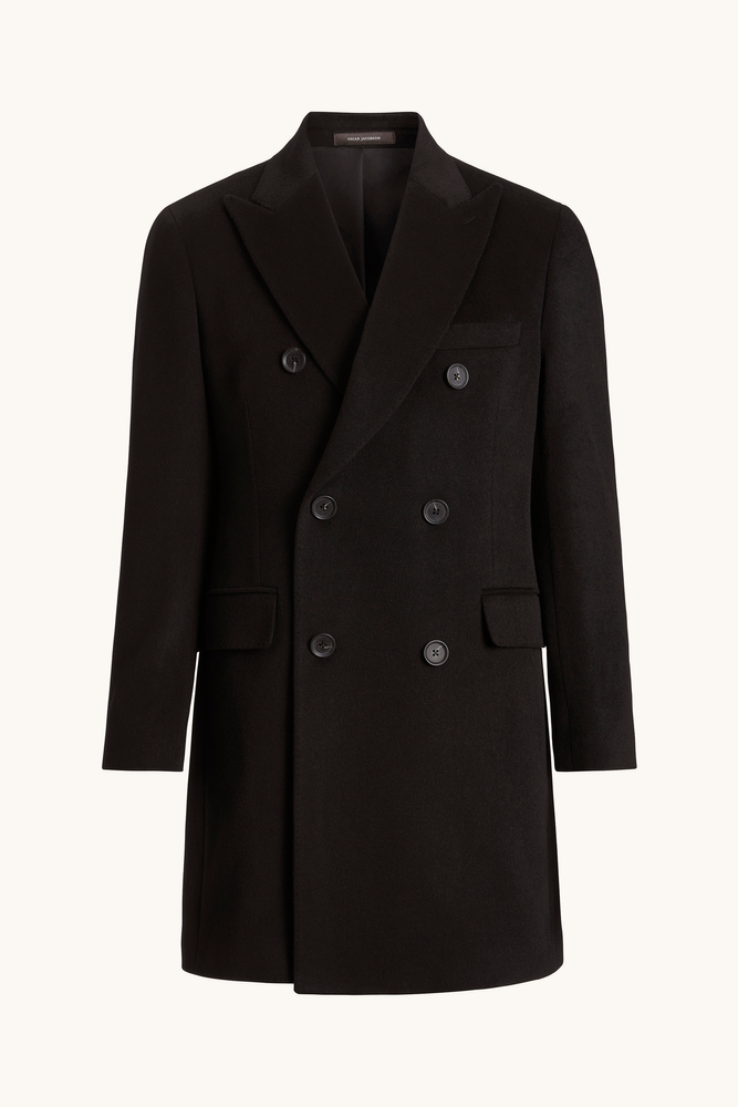 Regular Fit Double Breasted Brushed Wool Coat - Black
