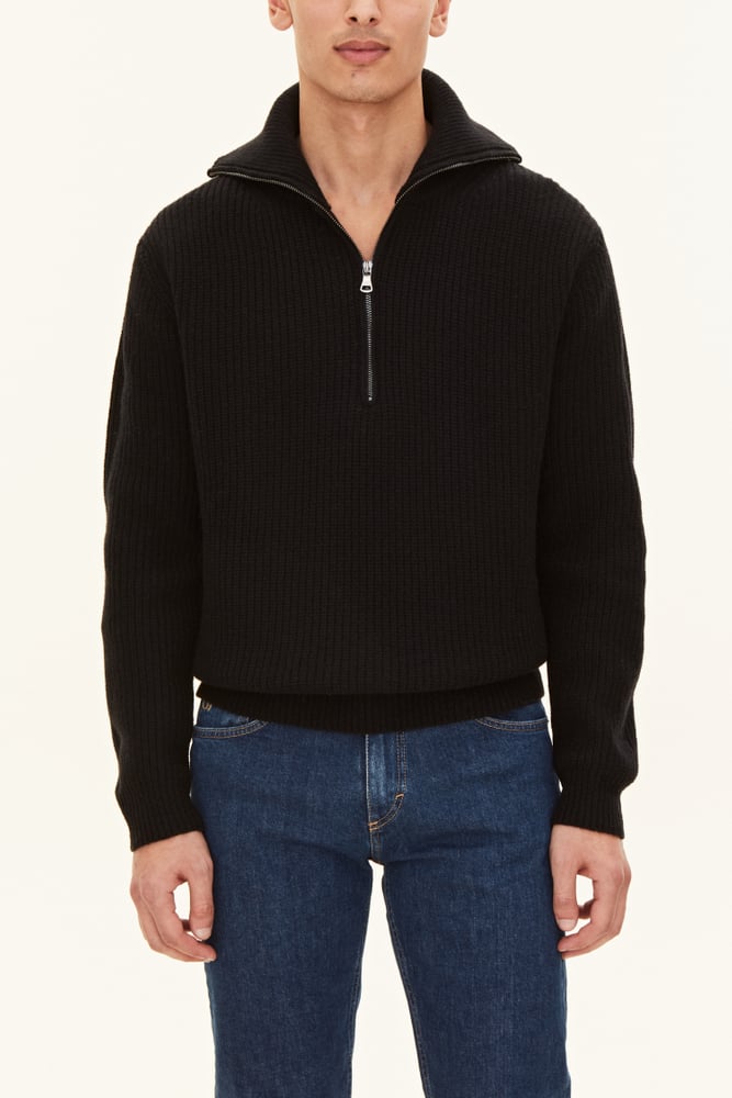 Regular Fit Heavy Knit Half Zip Sweater - Black | Oscar Jacobson