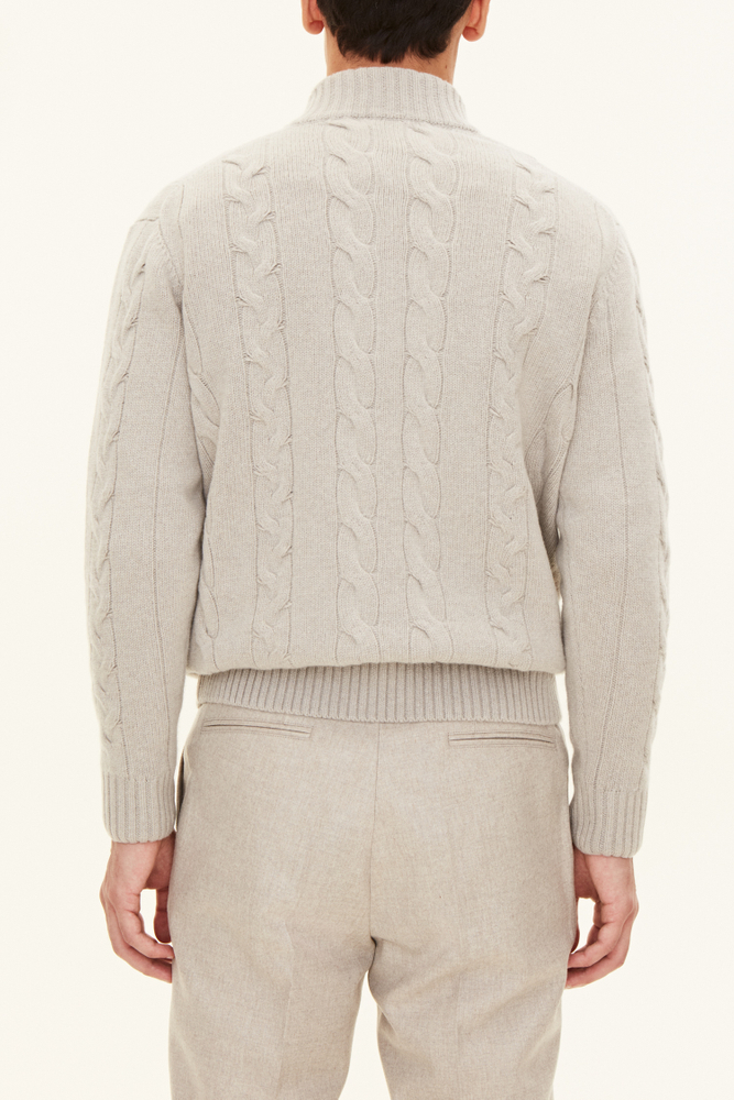Regular Fit Cable Knit Half Zip Sweater Beige Oscar Jacobson
