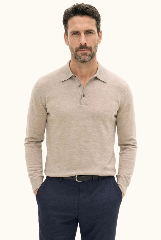 Regular Fit Extra Fine Merino Wool Polo Shirt - Beige | Oscar Jacobson