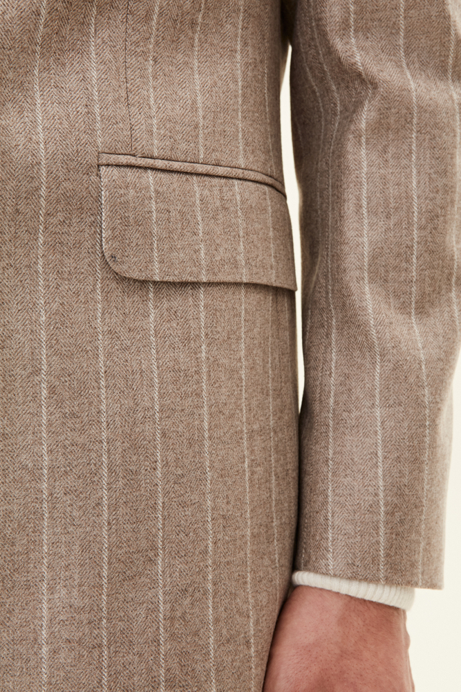 Regular Fit Double Breasted Herringbone Pinstripe Blazer - Beige