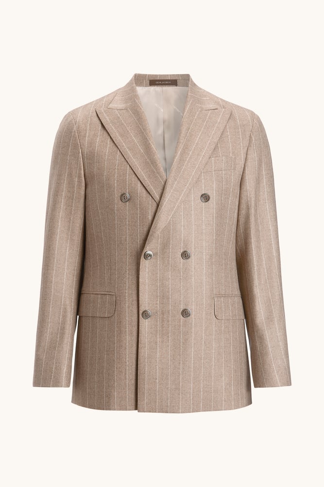 Regular Fit Double Breasted Herringbone Pinstripe Blazer - Beige