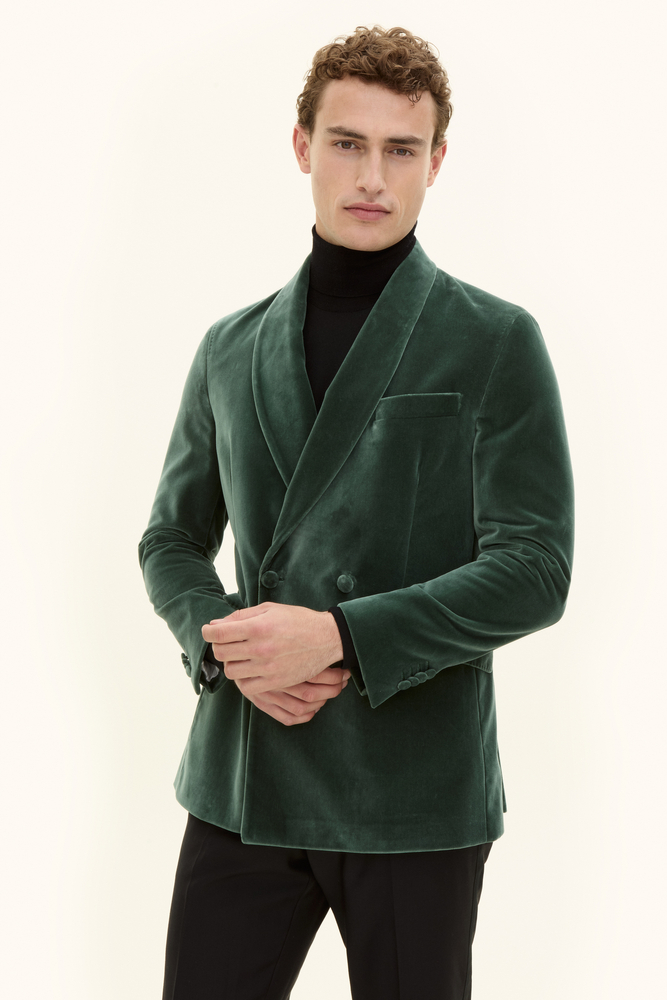 Regular Fit Double breasted Velvet Tuxedo Blazer Green Oscar