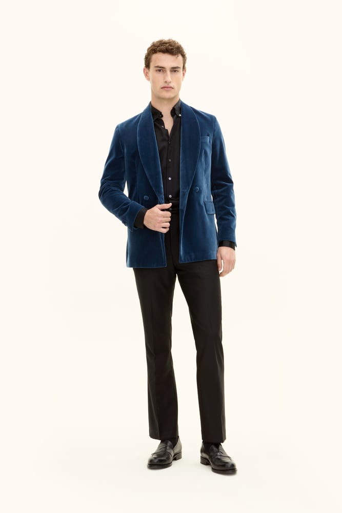 Regular Fit Double breasted Velvet Tuxedo Blazer - Dark blue | Oscar ...