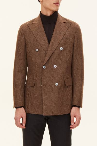 Regular Fit Double Breasted Hopsack Blazer - Brown | Oscar Jacobson