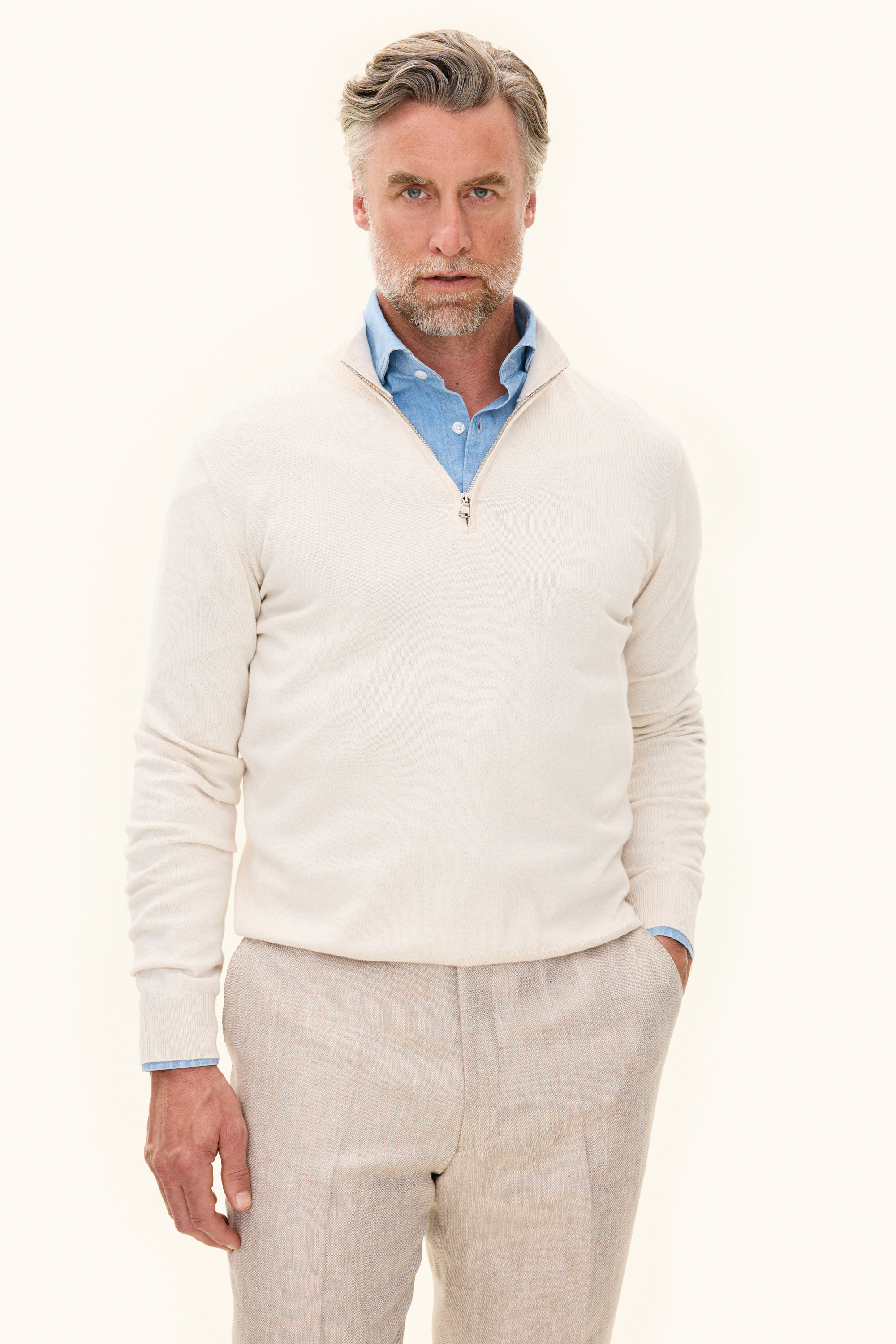 Regular Fit Half Zip Cotton Sweater - White | Oscar Jacobson