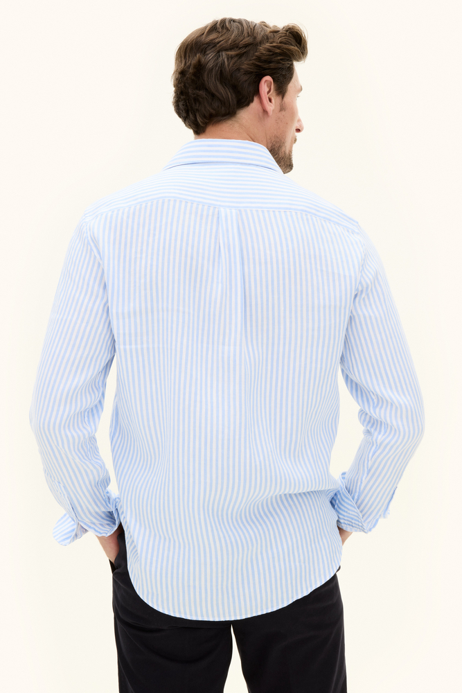 Regular Fit Wide Spread Collar Linen Stripe Shirt - Blue | Oscar