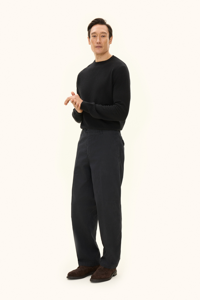 Wide Fit High Waist Garment Dye Cotton Trousers Black Oscar