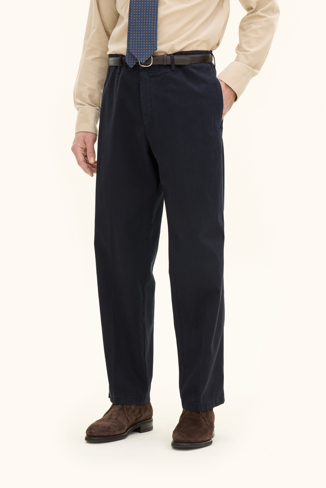 Wide Fit High Waist Garment Dye Cotton Trousers Dark blue