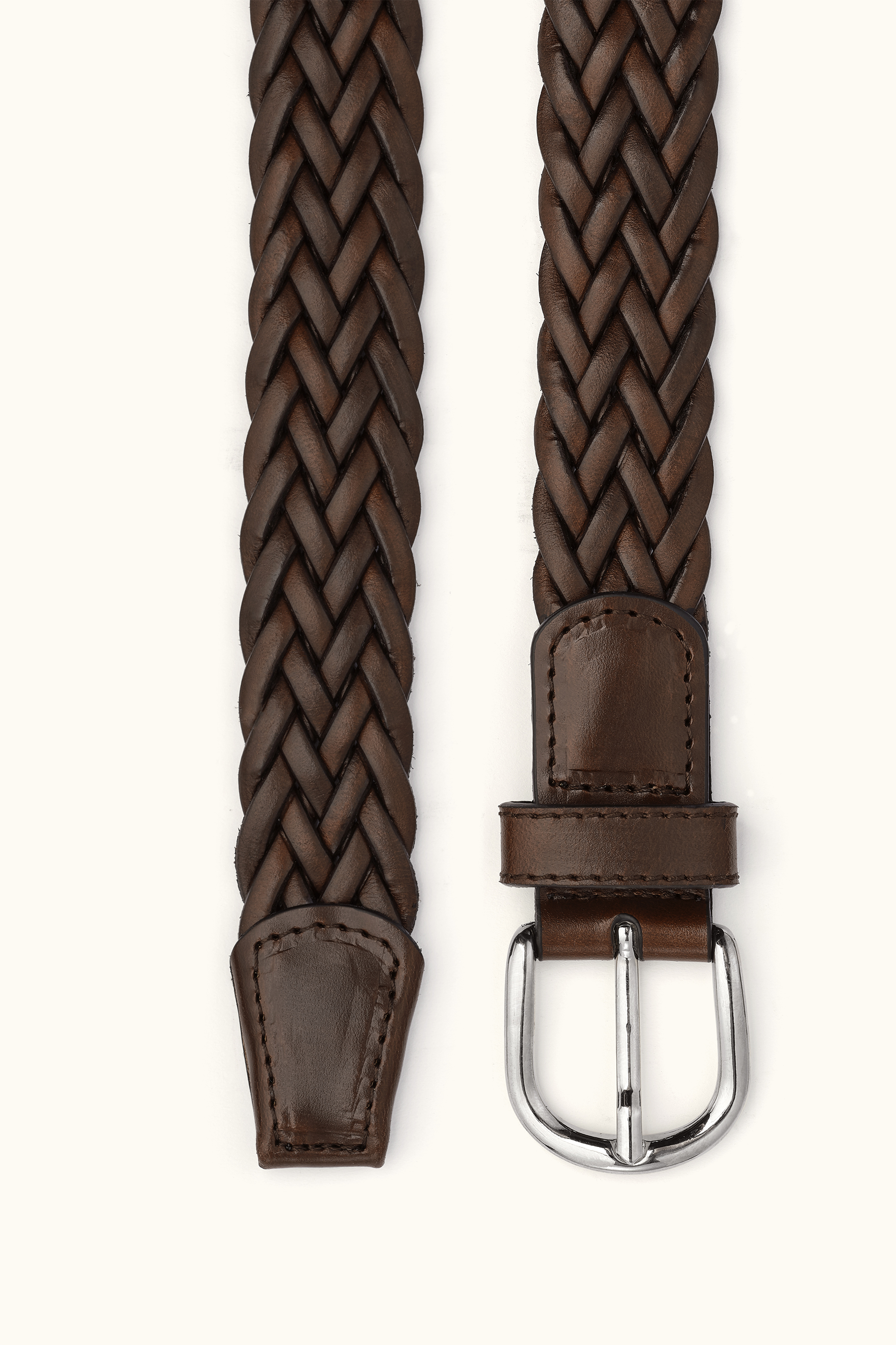 Round Buckle Belt Braided Leather - Brown | Oscar Jacobson