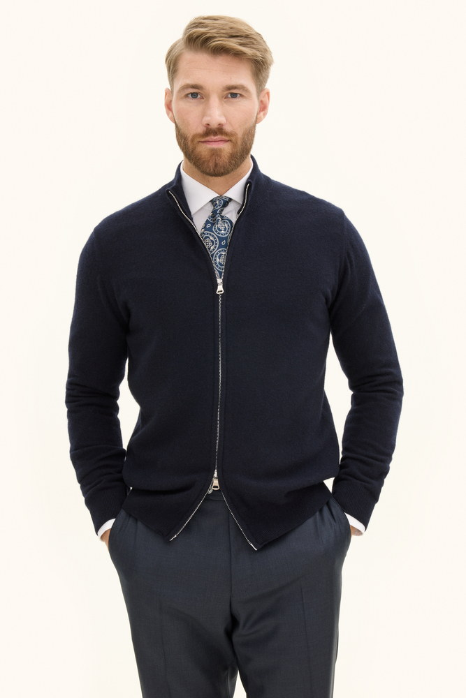 Regular Fit Full Zip Cardigan Wool-Cashmere - Dark blue | Oscar