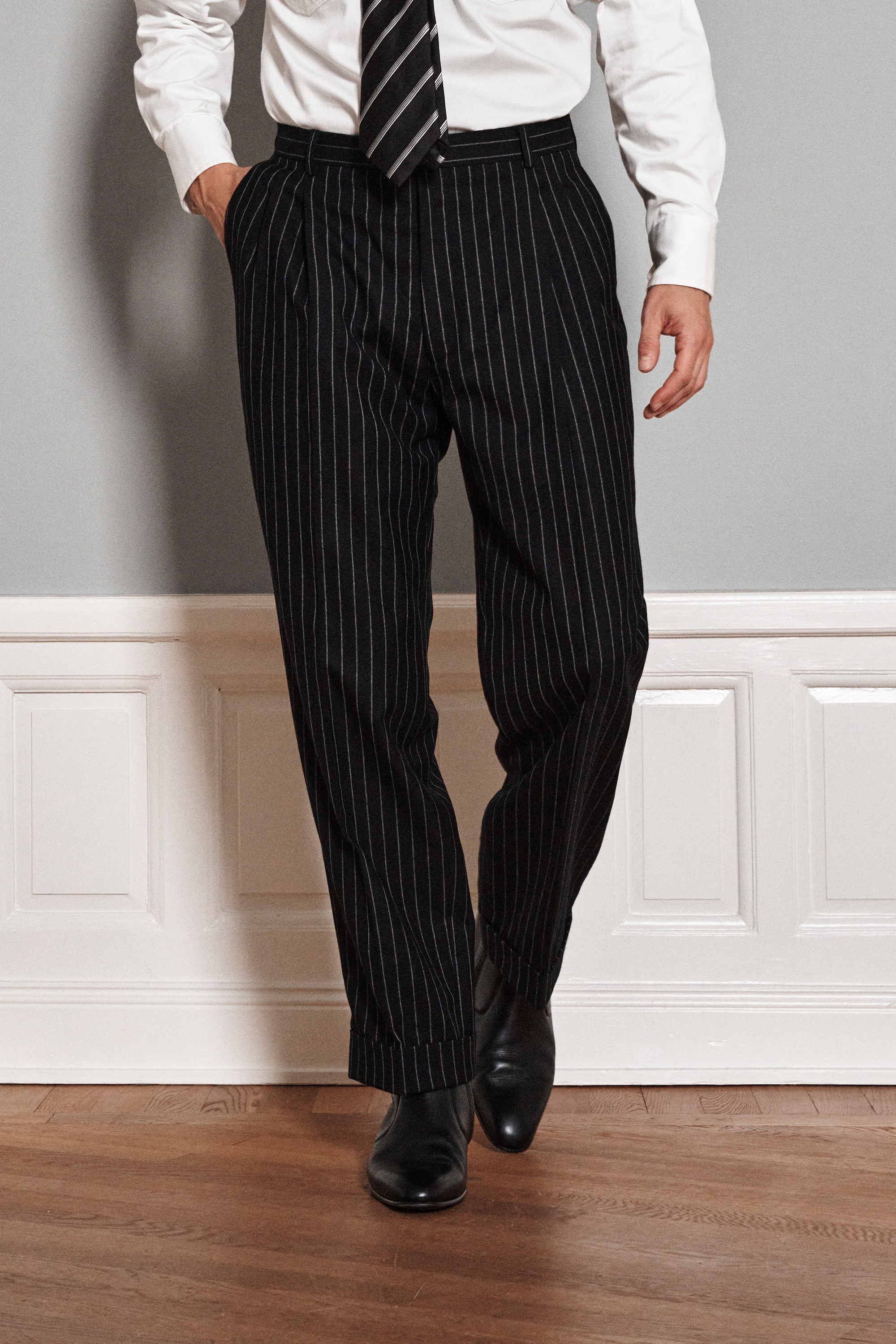 Regular Fit High Waist Pleated Pin Striped Trousers - Black